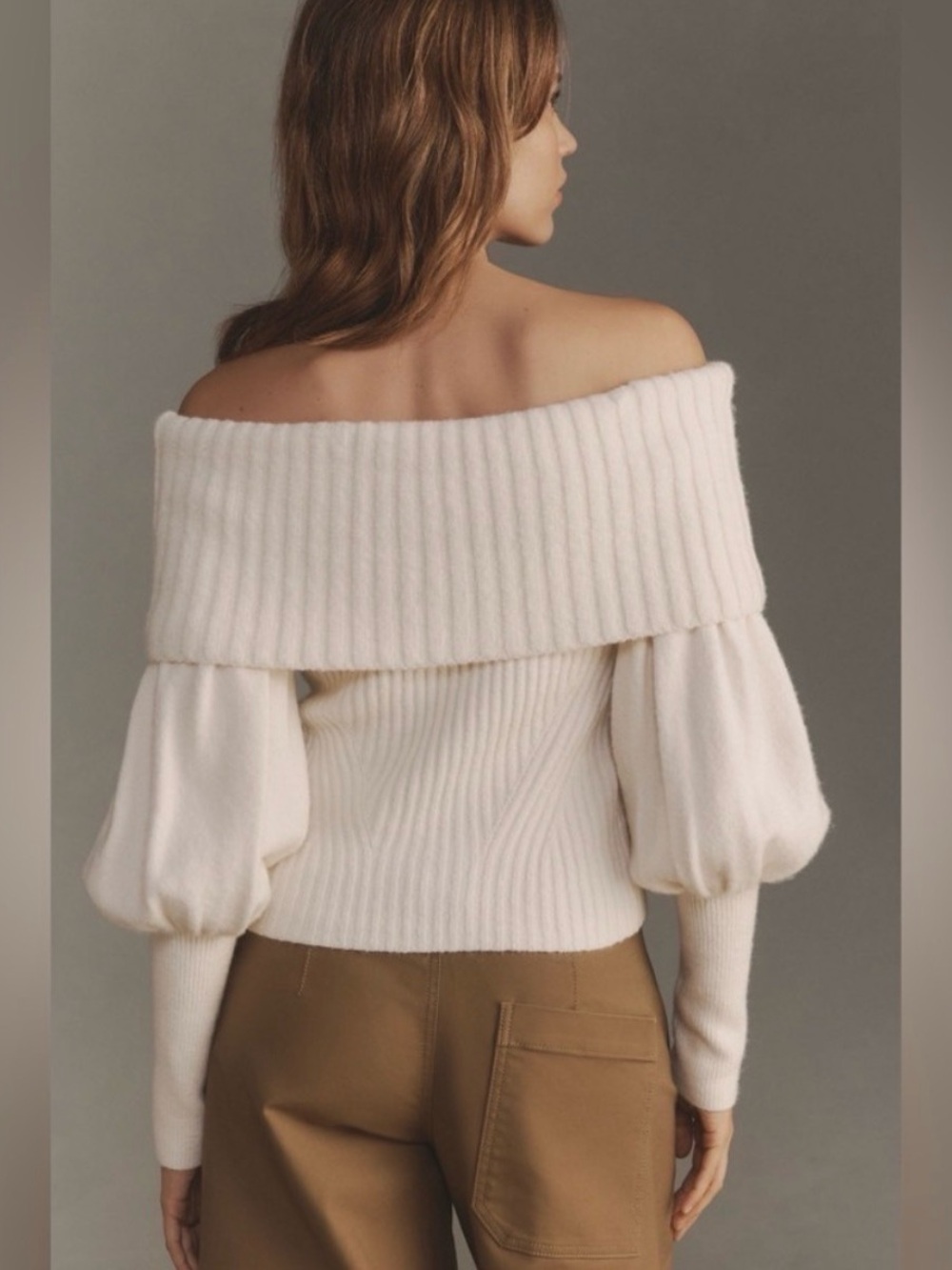 Off-Shoulder Ribbed Sweater in White - Picture 3 of 3